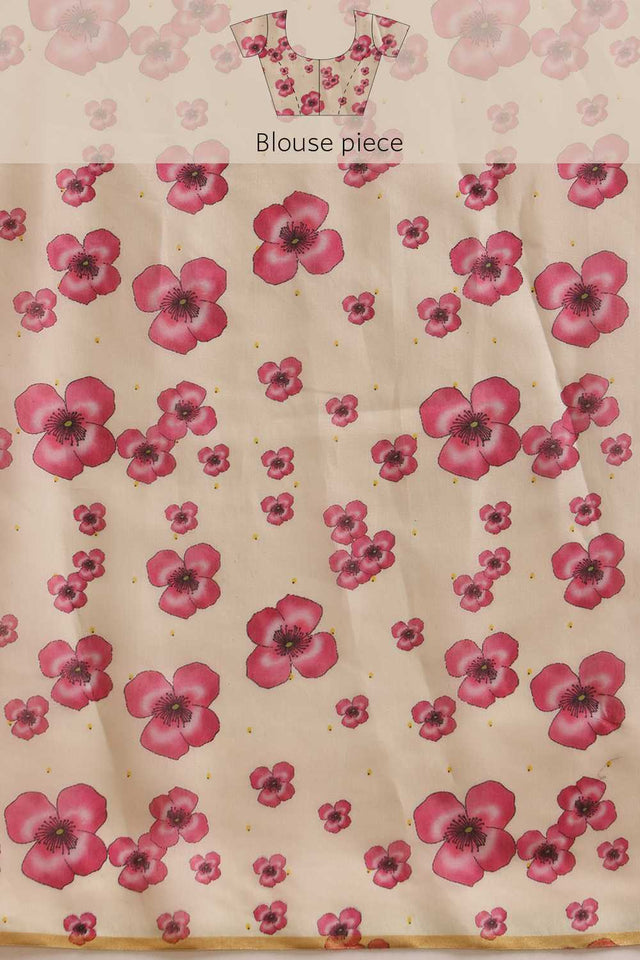Beige Floral Printed Cotton Blend Ready to Wear Saree