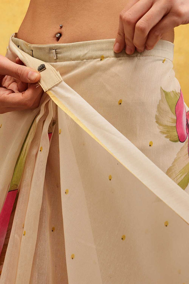 Beige Floral Printed Cotton Blend Ready to Wear Saree