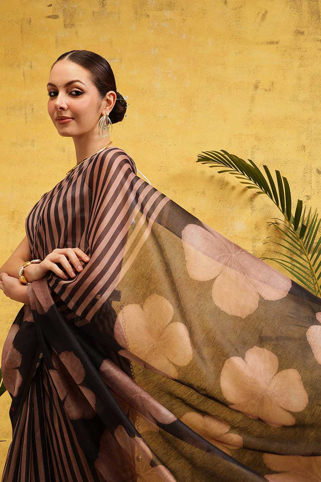 Brown Striped Print Cotton Blend Ready to Wear Saree