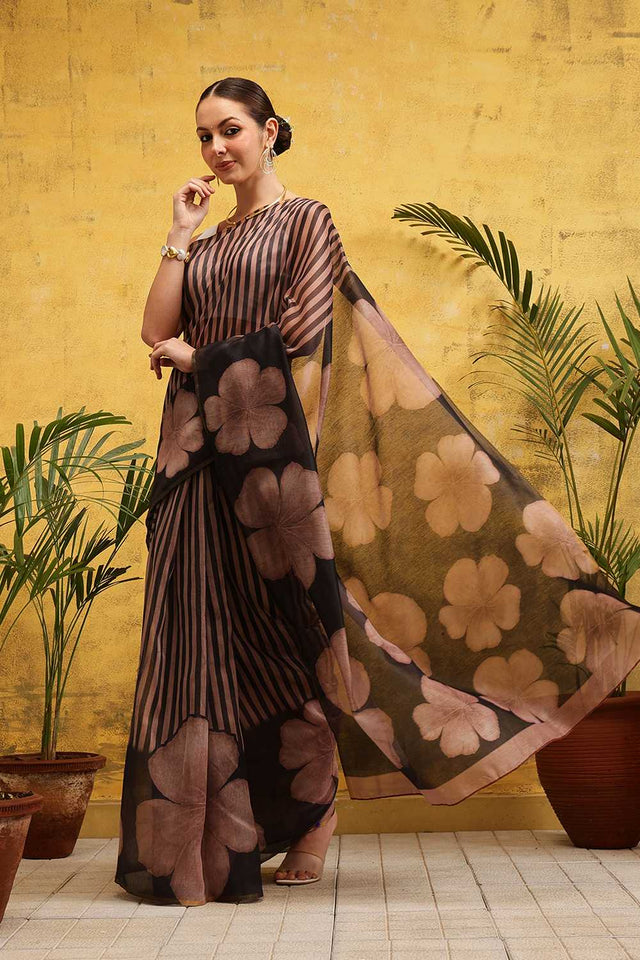Brown Striped Print Cotton Blend Ready to Wear Saree
