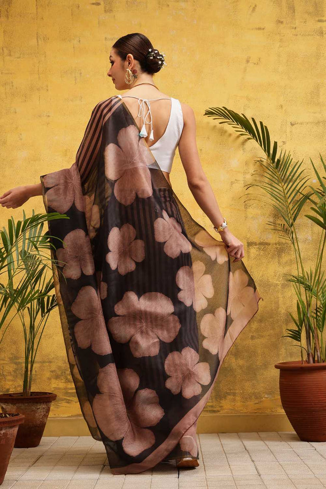 Brown Striped Print Cotton Blend Ready to Wear Saree