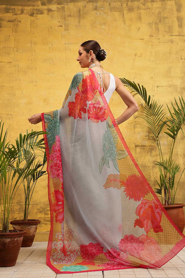 Grey Floral Printed Cotton Blend Ready to Wear Saree