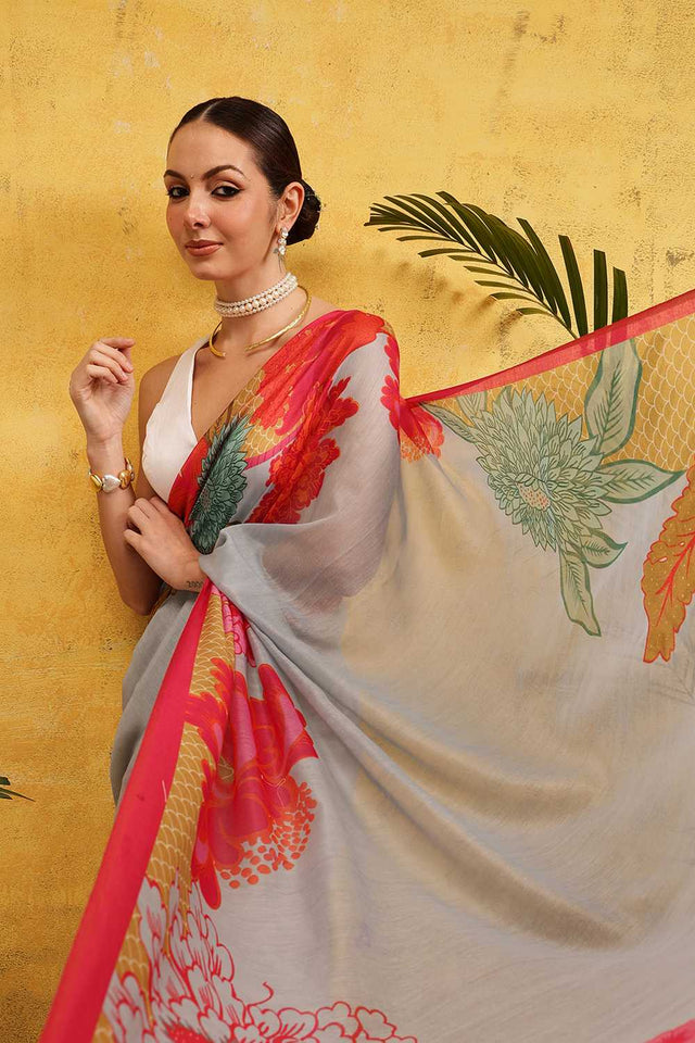 Grey Floral Printed Cotton Blend Ready to Wear Saree