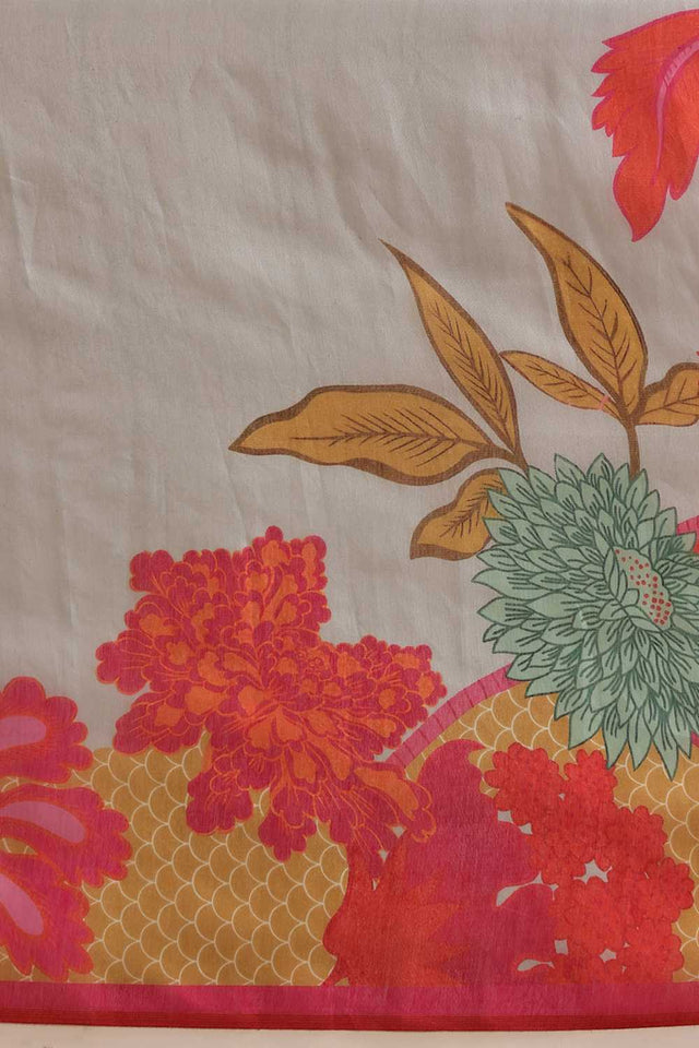 Grey Floral Printed Cotton Blend Ready to Wear Saree