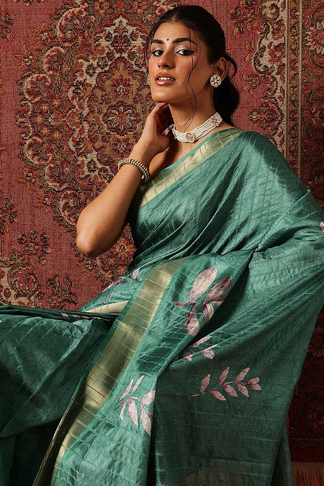 Green Floral Printed Silk Ready to Wear Saree