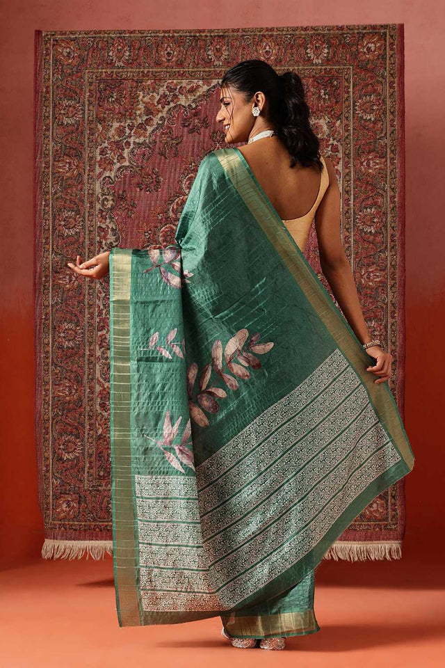 Green Floral Printed Silk Ready to Wear Saree