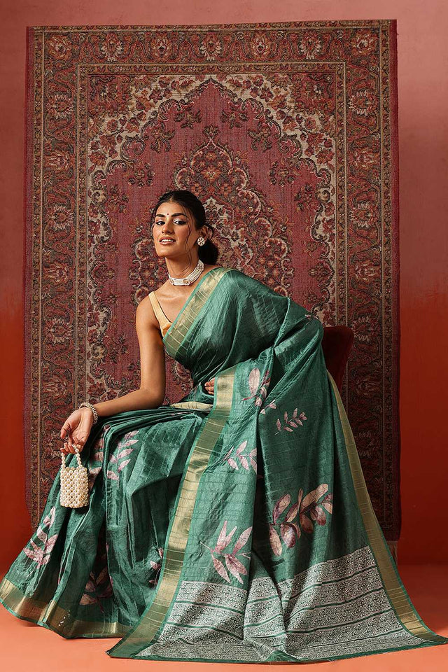 Green Floral Printed Silk Ready to Wear Saree