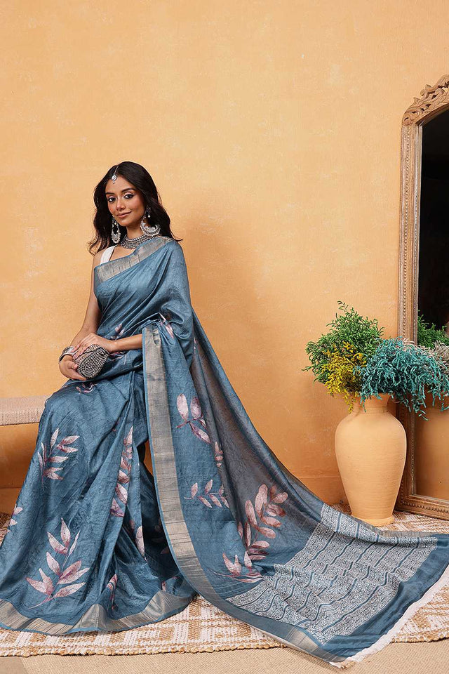 Turquoise Floral Printed Art Silk Ready to Wear Saree