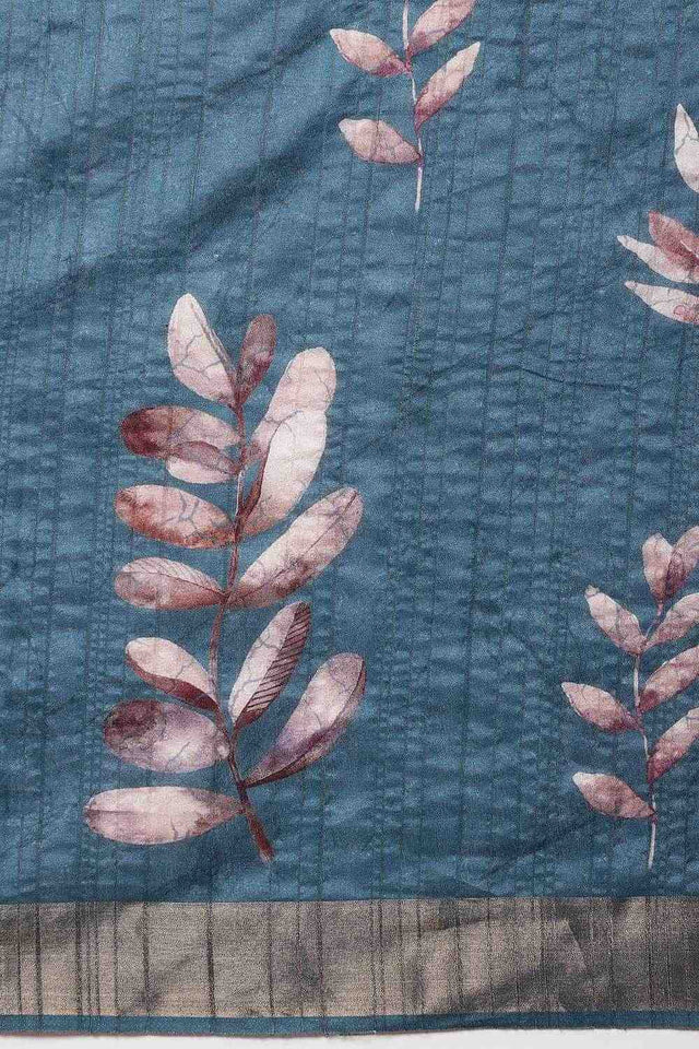 Turquoise Floral Printed Art Silk Ready to Wear Saree