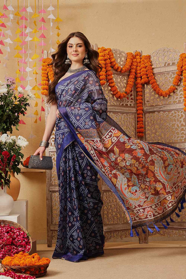 Blue Printed Cotton Blend Ready to Wear Saree