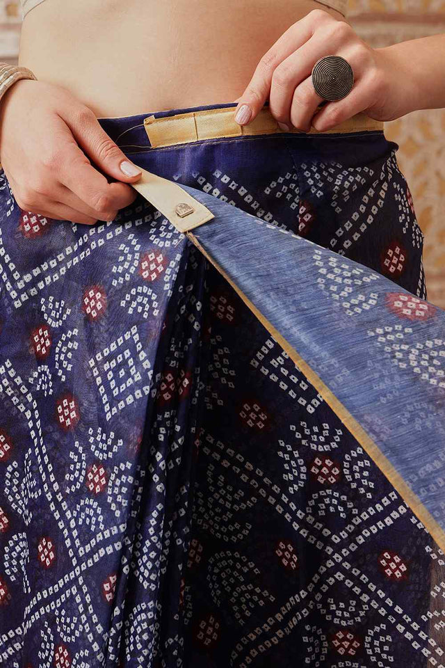 Blue Printed Cotton Blend Ready to Wear Saree