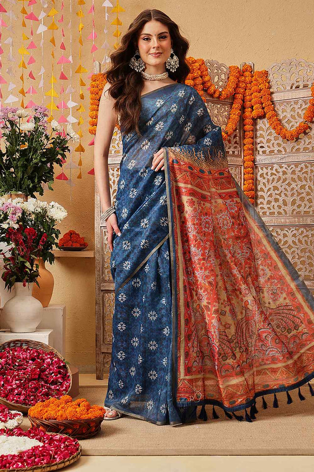 Blue Printed Cotton Blend Ready to Wear Saree