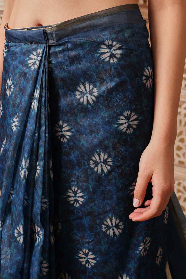 Blue Printed Cotton Blend Ready to Wear Saree