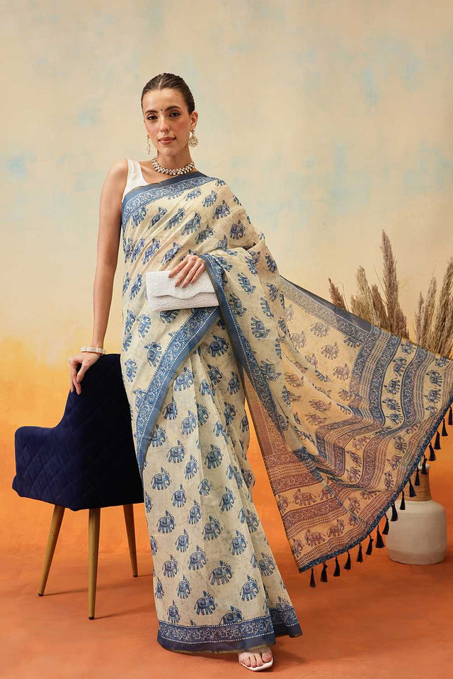 Blue Kalamkari Printed Cotton Blend Ready to Wear Saree