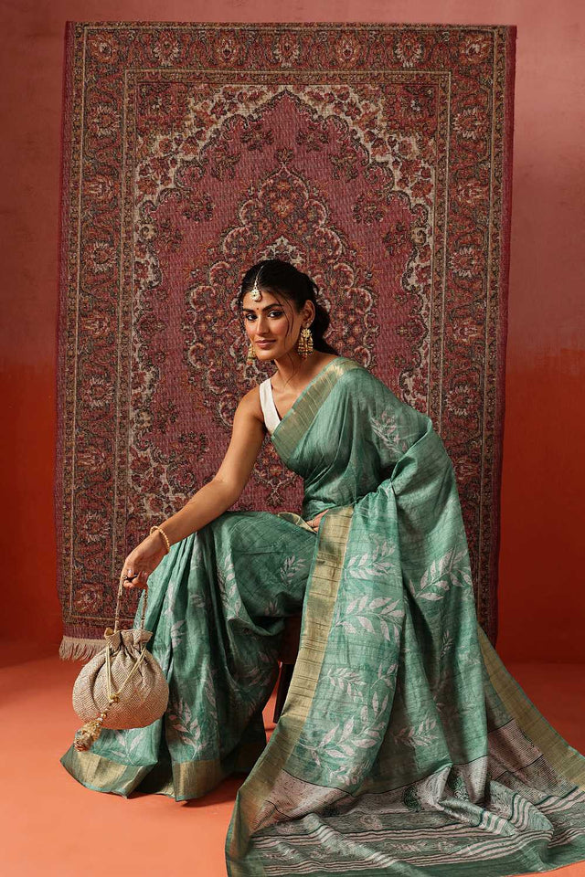 Green Floral Printed Silk Ready to Wear Saree