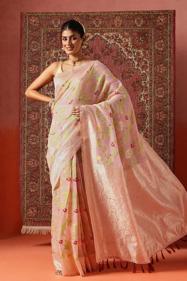 Pink Woven Cotton Blend Ready to Wear Saree