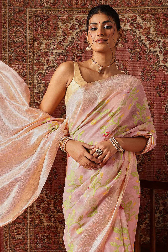 Pink Woven Cotton Blend Ready to Wear Saree