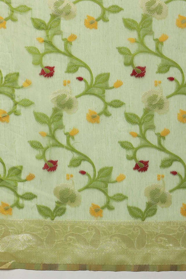 Dark Green Floral Woven Cotton Ready to Wear Saree