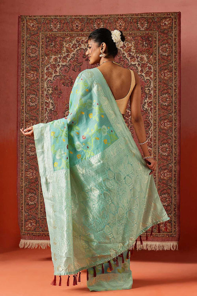 Turquoise Woven Cotton Blend Ready to Wear Saree