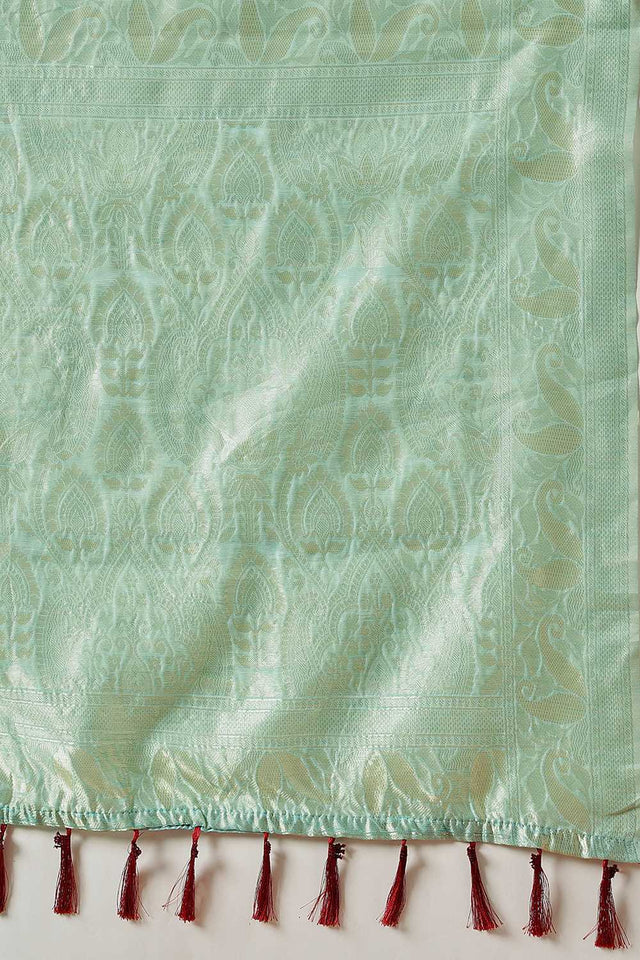 Turquoise Woven Cotton Blend Ready to Wear Saree
