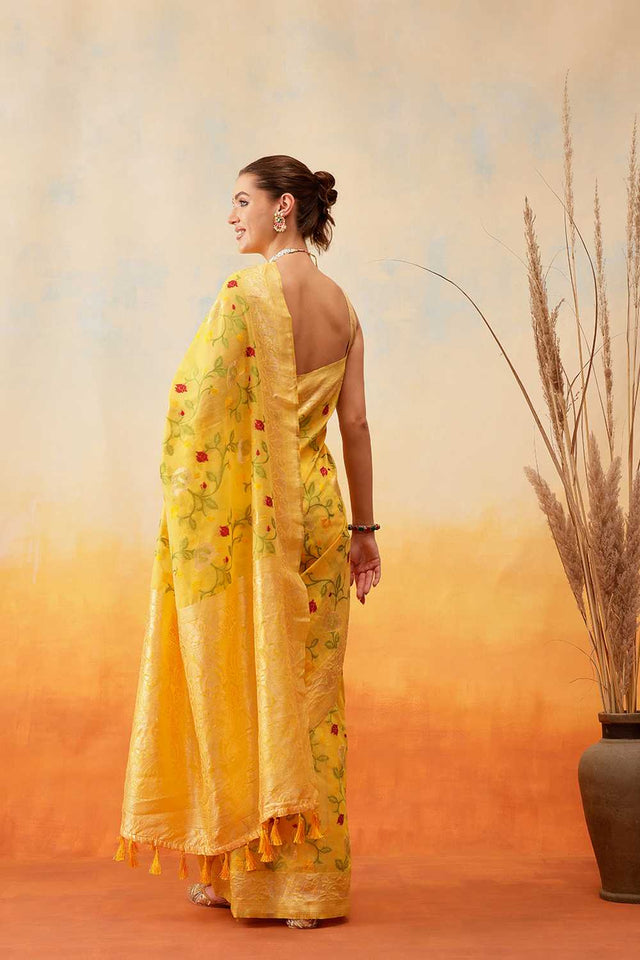 Yellow Floral Woven Cotton Ready to Wear Saree