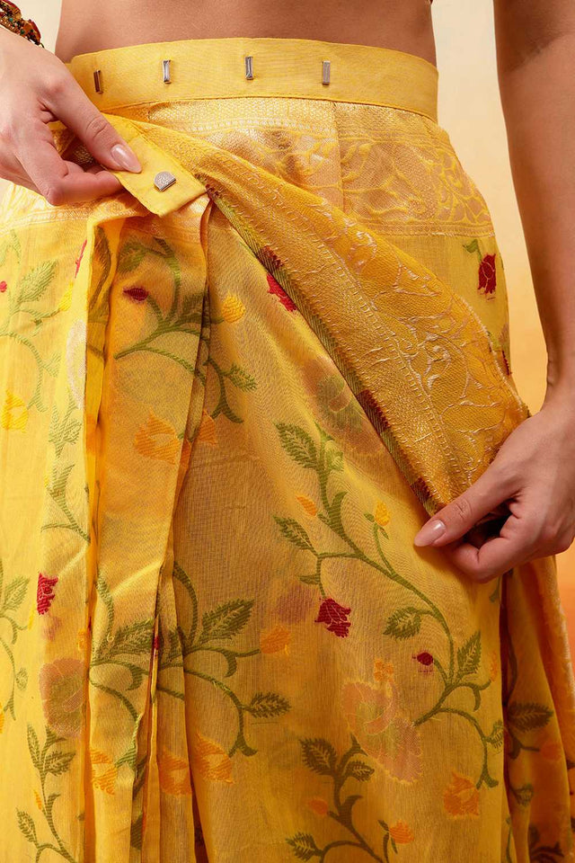 Yellow Floral Woven Cotton Ready to Wear Saree