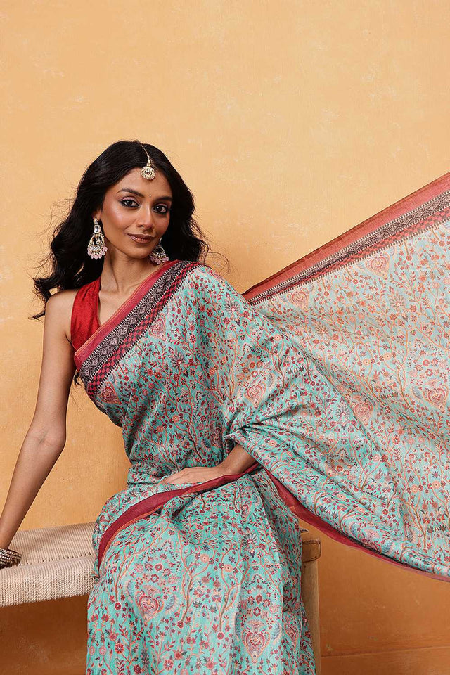 Turquoise Kalamkari Printed Cotton Blend Ready to Wear Saree