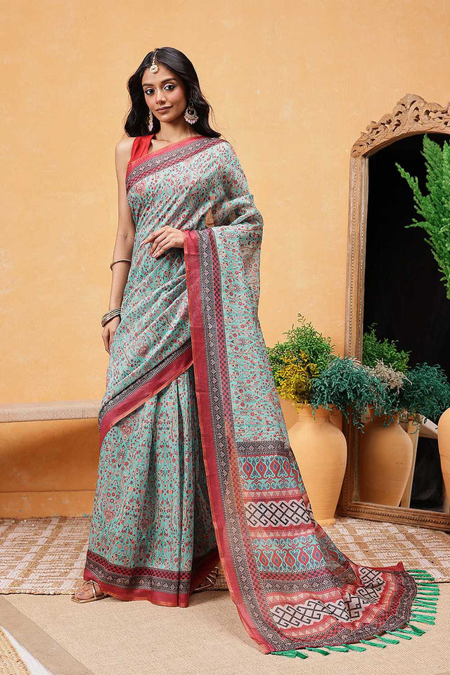 Turquoise Kalamkari Printed Cotton Blend Ready to Wear Saree