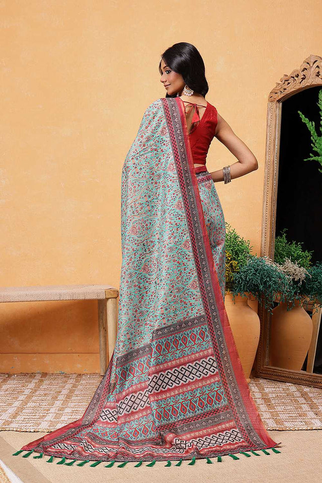 Turquoise Kalamkari Printed Cotton Blend Ready to Wear Saree