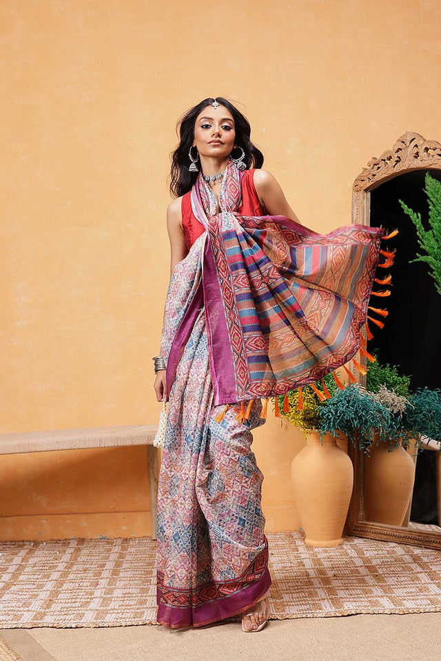 Multi Color Kalamkari Printed Cotton Blend Ready to Wear Saree