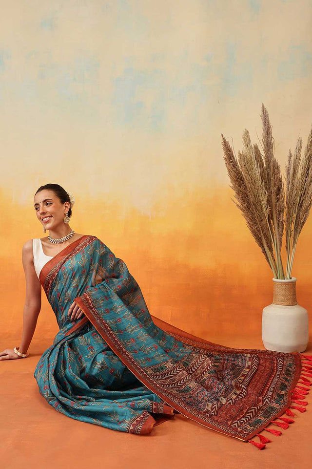 Turquoise Kalamkari Printed Cotton Blend Ready to Wear Saree