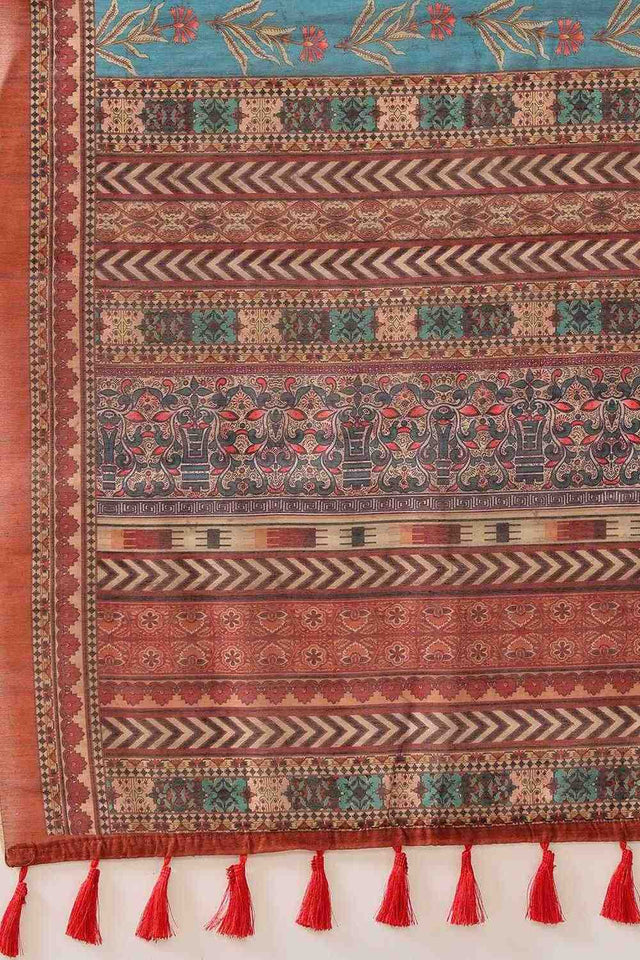 Turquoise Kalamkari Printed Cotton Blend Ready to Wear Saree