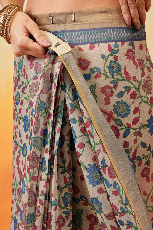 White Kalamkari Printed Cotton Blend Ready to Wear Saree