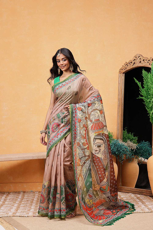 Peach Madhubani Printed Cotton Blend Ready to Wear Saree
