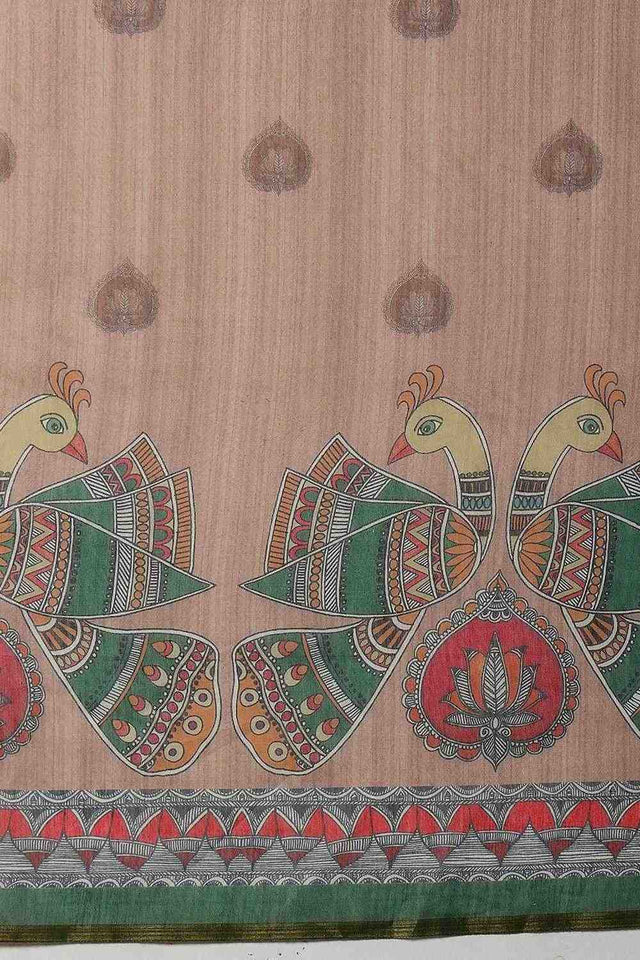 Peach Madhubani Printed Cotton Blend Ready to Wear Saree
