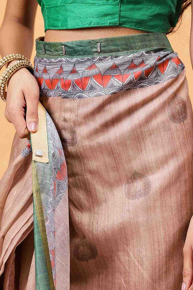 Peach Madhubani Printed Cotton Blend Ready to Wear Saree