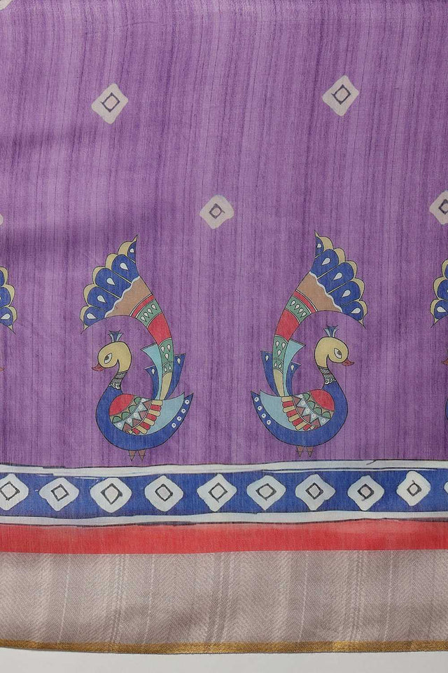 Violet Madhubani Printed Cotton Blend Ready to Wear Saree