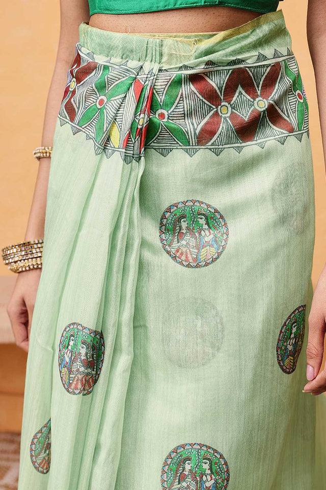 Green Madhubani Printed Cotton Blend Ready to Wear Saree
