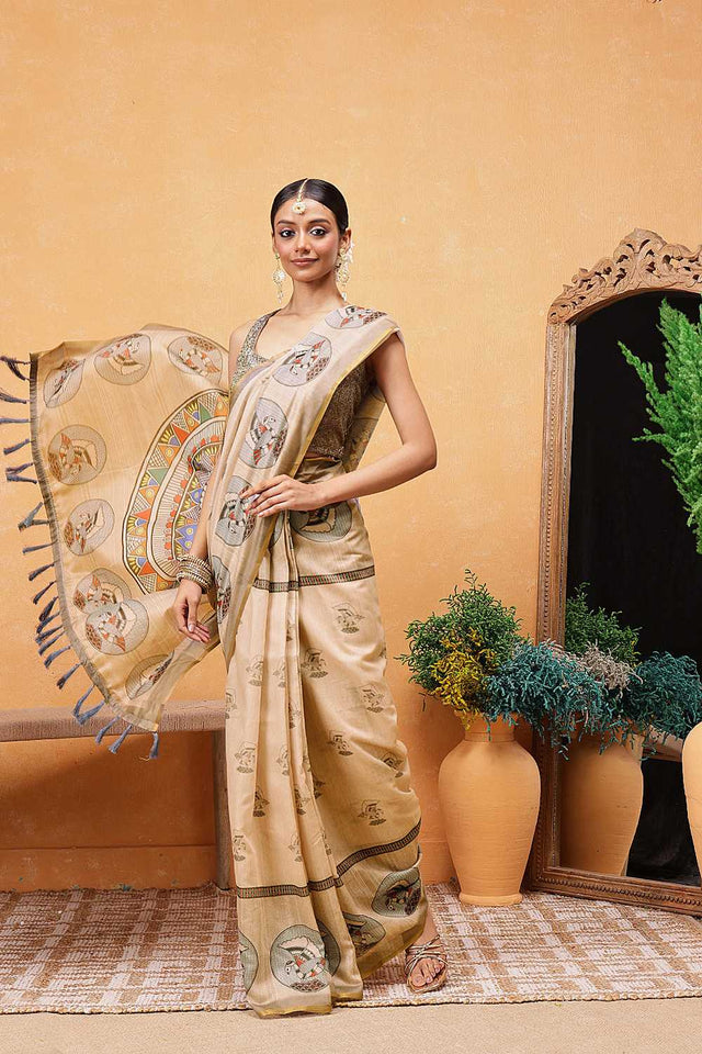Beige Madhubani Printed Cotton Blend Ready to Wear Saree