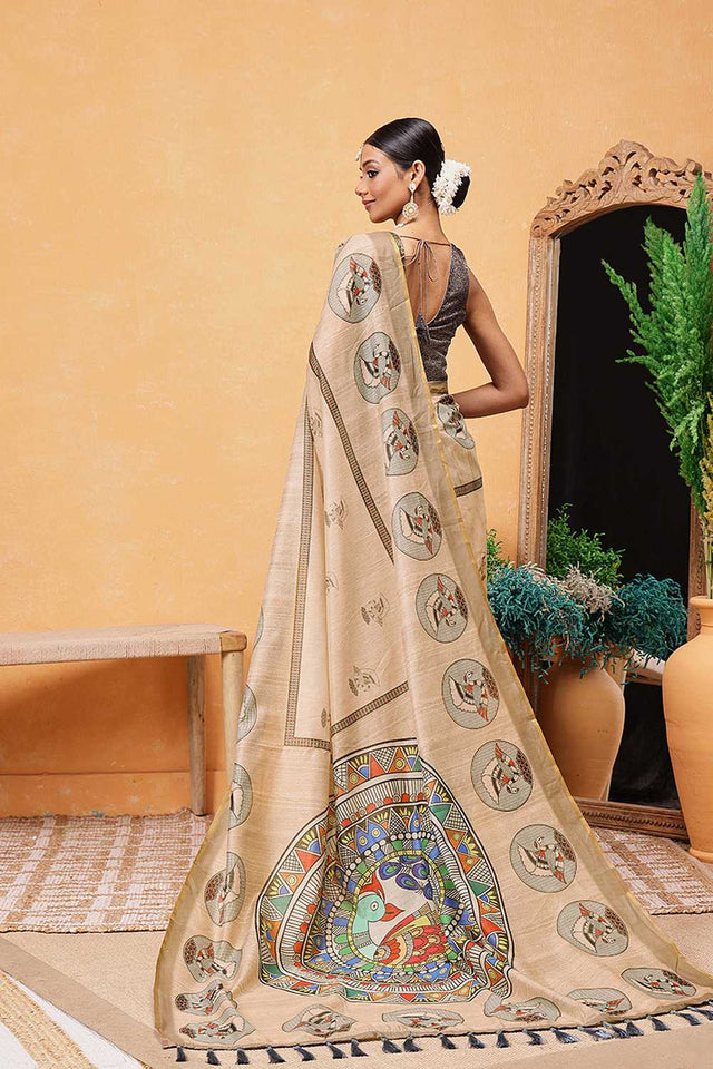 Beige Madhubani Printed Cotton Blend Ready to Wear Saree