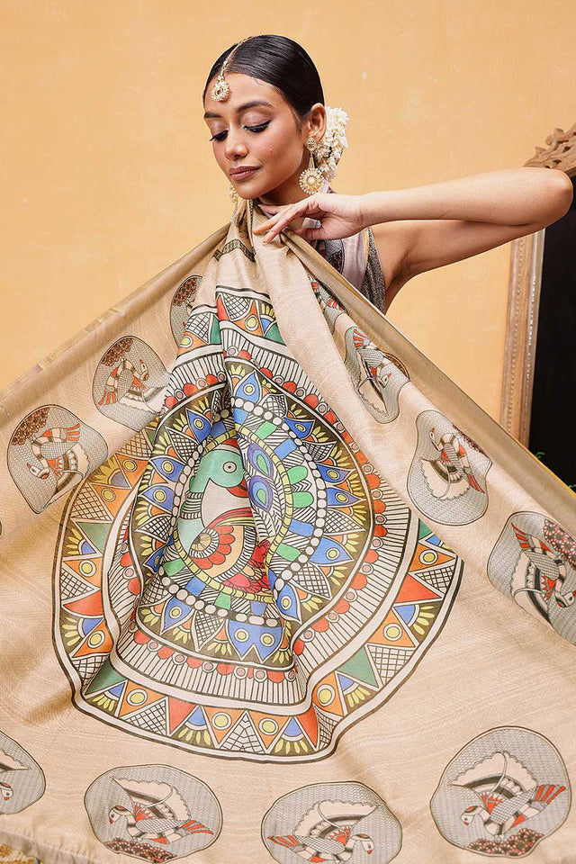 Beige Madhubani Printed Cotton Blend Ready to Wear Saree