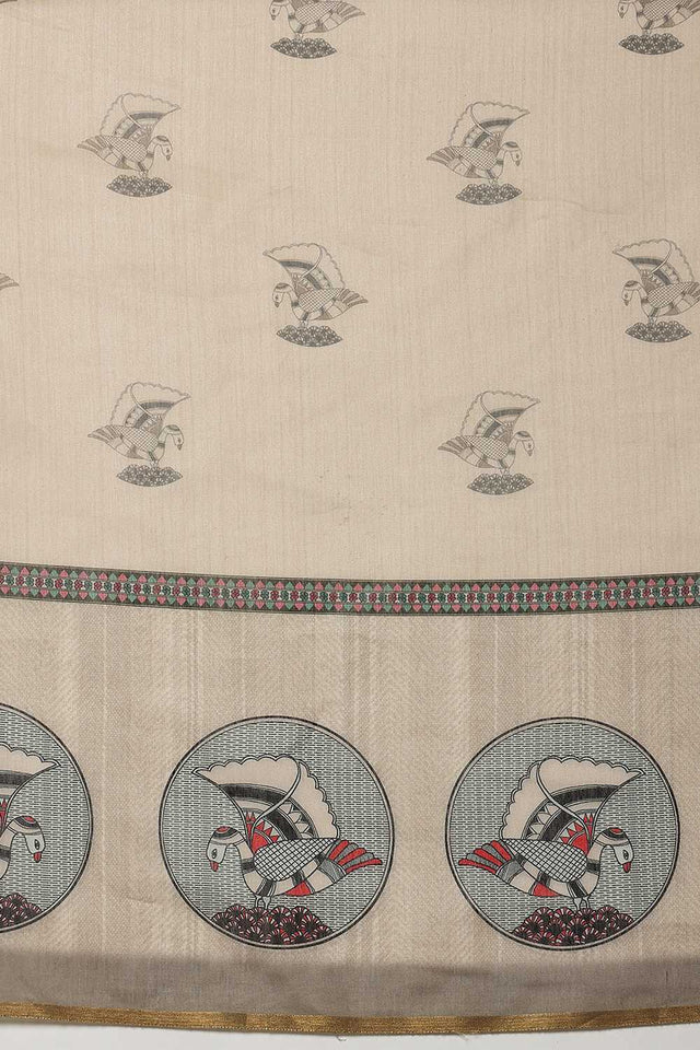 Beige Madhubani Printed Cotton Blend Ready to Wear Saree