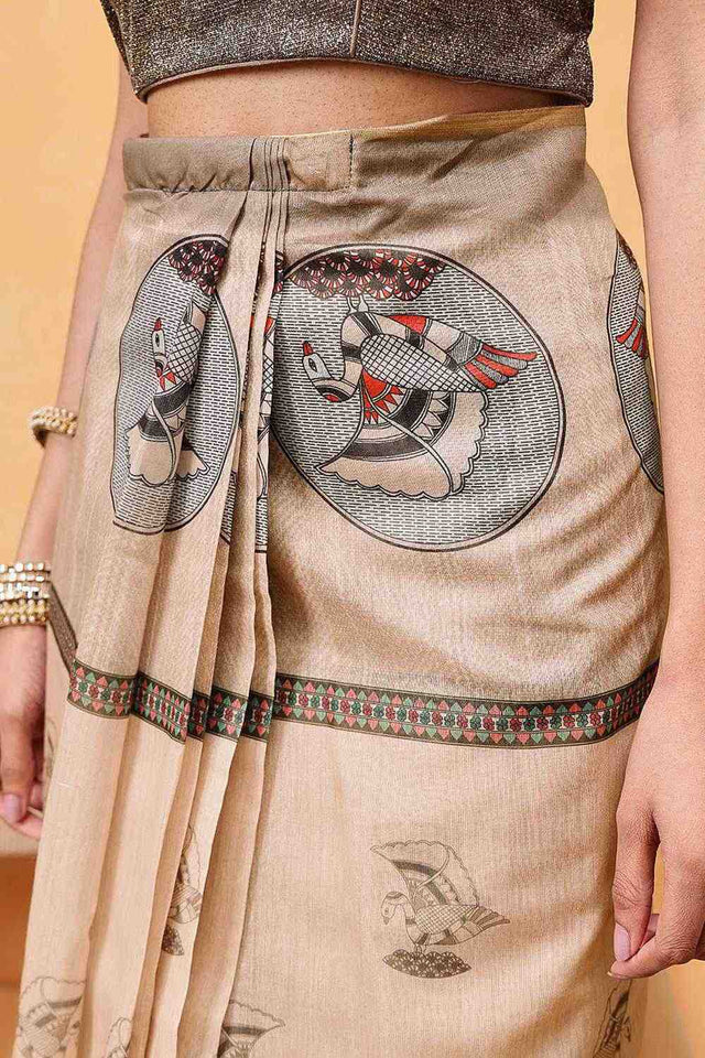 Beige Madhubani Printed Cotton Blend Ready to Wear Saree