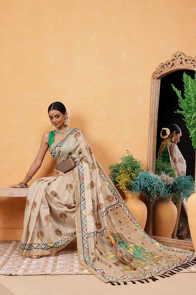Beige Madhubani Printed Cotton Blend Ready to Wear Saree