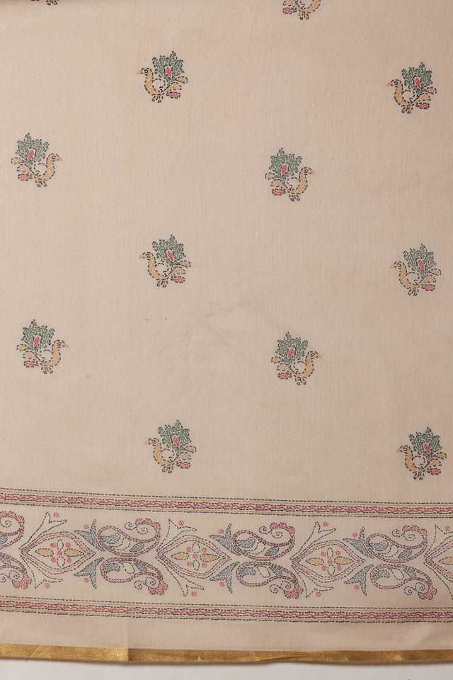 Beige Madhubani Printed Cotton Blend Ready to Wear Saree