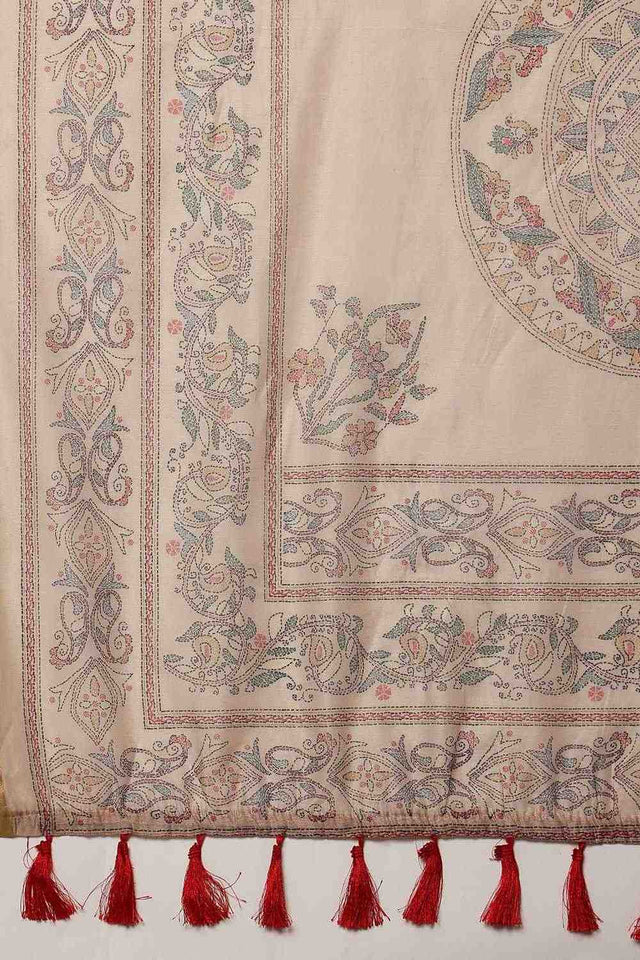 Beige Madhubani Printed Cotton Blend Ready to Wear Saree