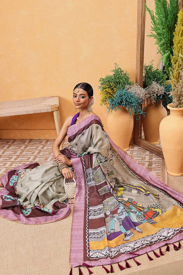 Grey Madhubani Printed Cotton Blend Ready to Wear Saree