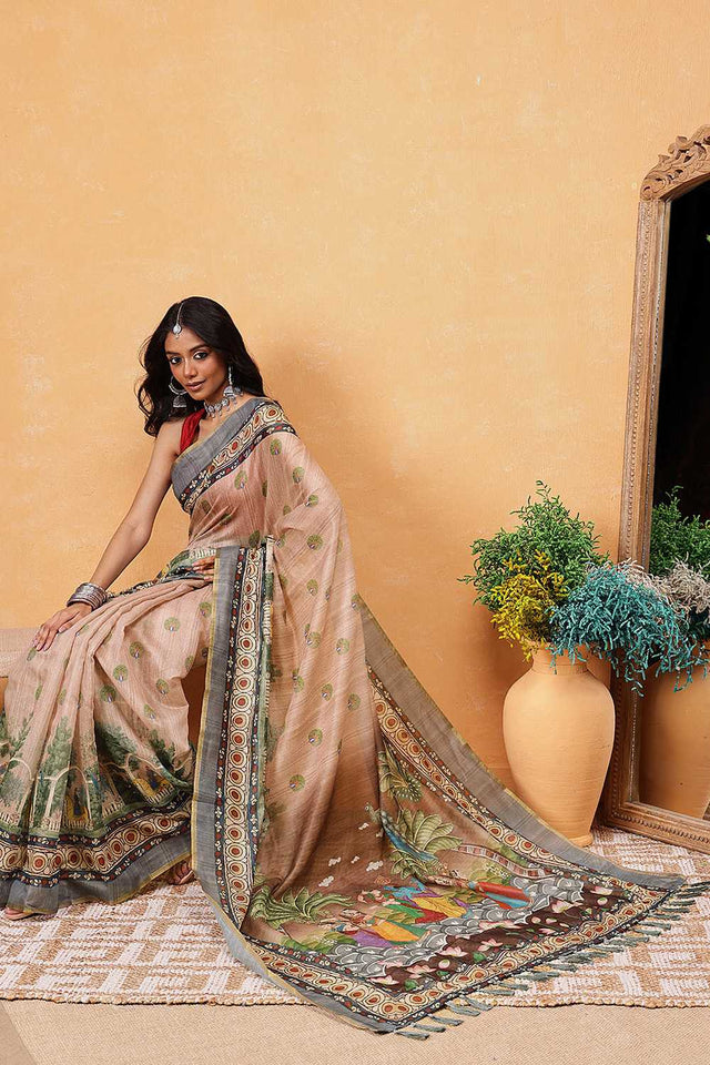 Beige Madhubani Printed Cotton Blend Ready to Wear Saree