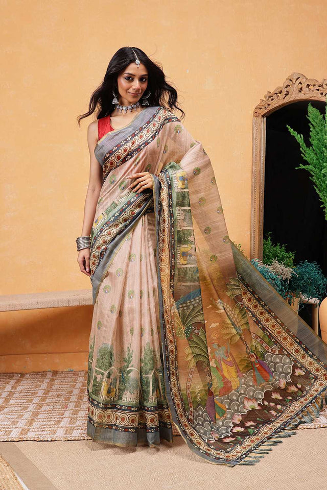 Beige Madhubani Printed Cotton Blend Ready to Wear Saree