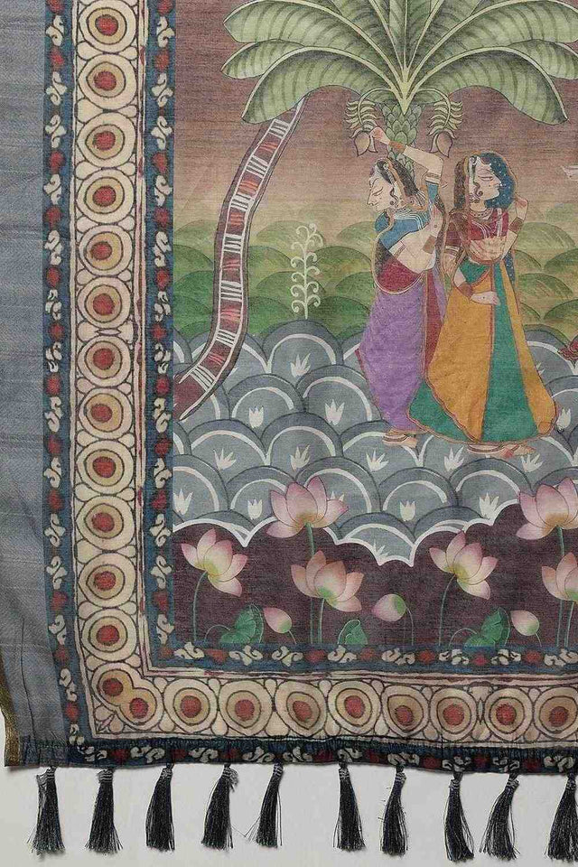 Beige Madhubani Printed Cotton Blend Ready to Wear Saree